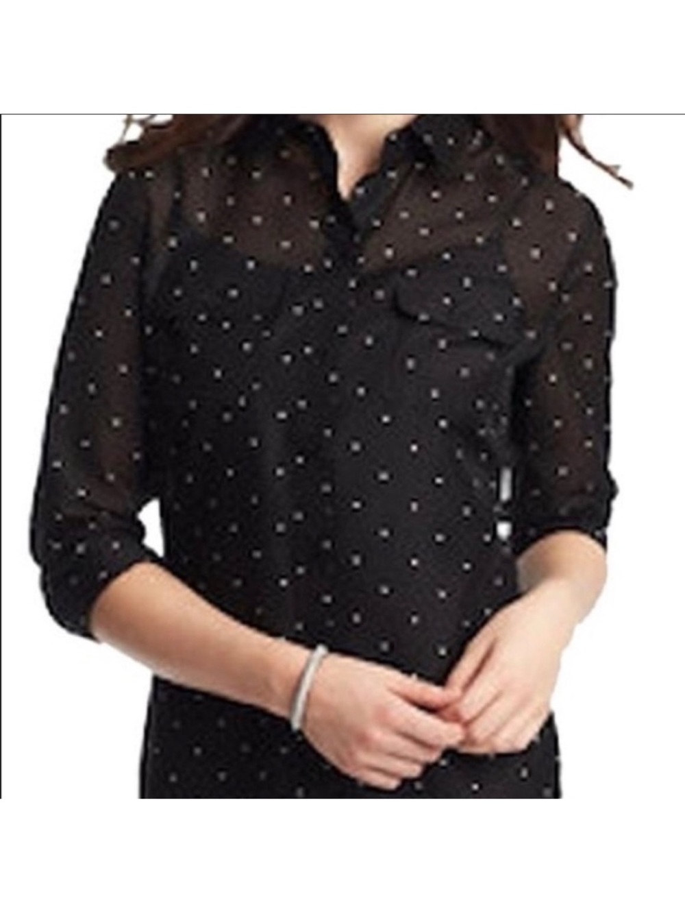 LOFT Black Sheer Heart Print Sheer Button-Down Blouse Sz S